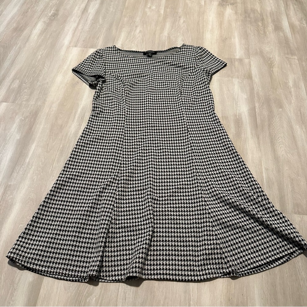 Perceptions New York Black White Houndstooth Print Cap Sleeve Dress Sz 14